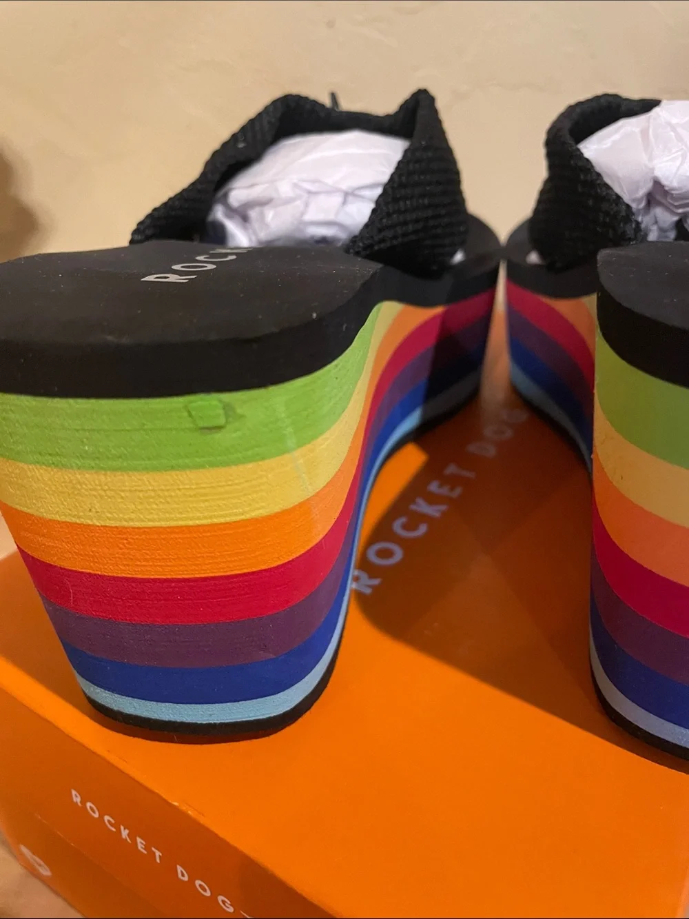 Rocket Dog Black Platform Flip Flops with Rainbow Stripes